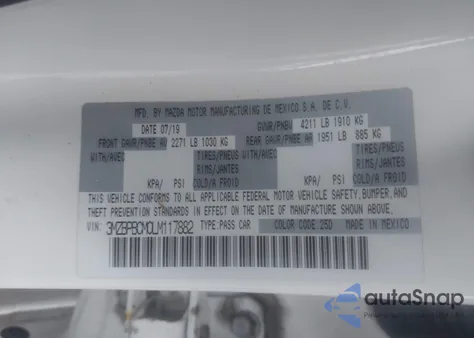 2020 Mazda Mazda3 Select Package из США, поврежденный, VIN 3MZBPBCM0LM117882